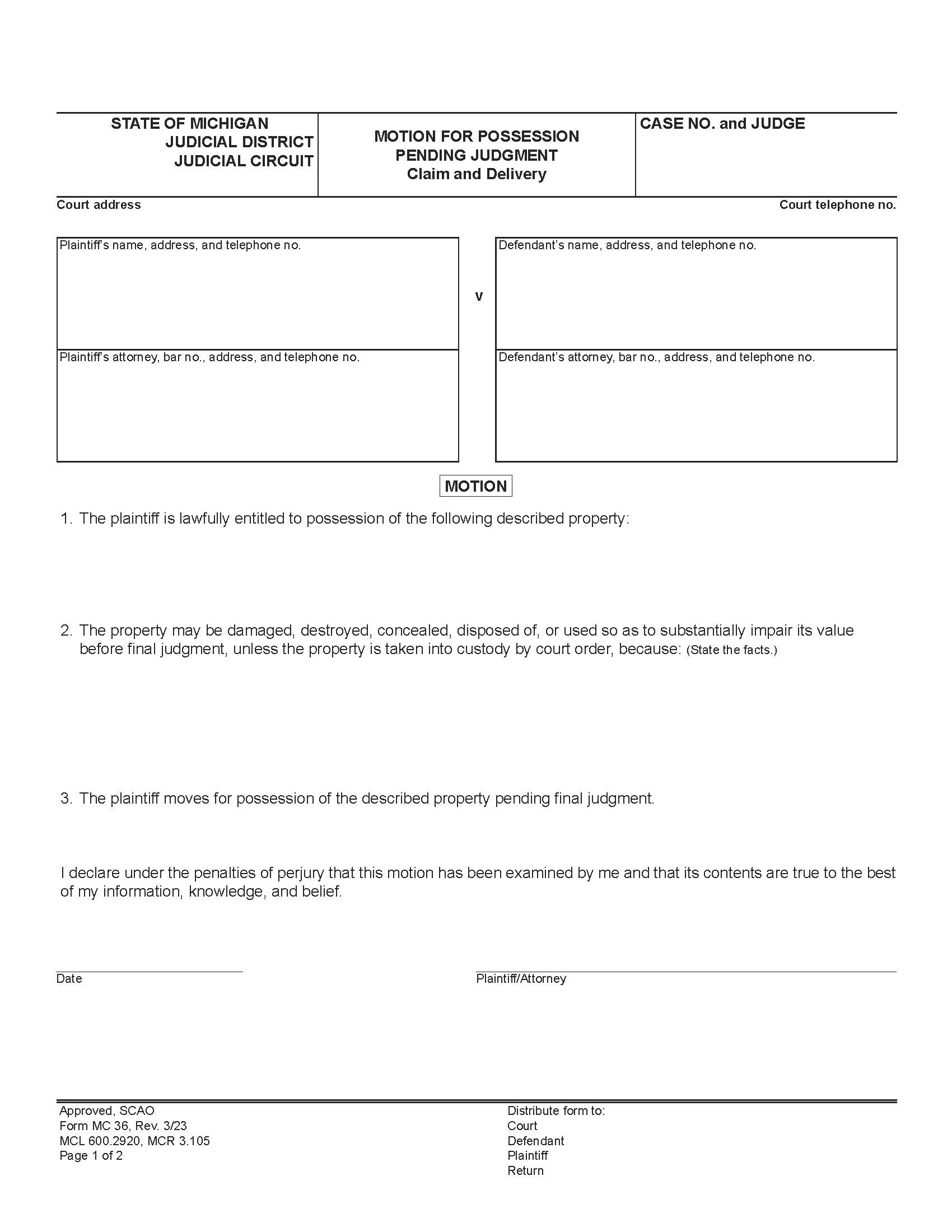Motion For Possession Pending Judgment {MC 36} | Pdf Fpdf Doc Docx | Michigan