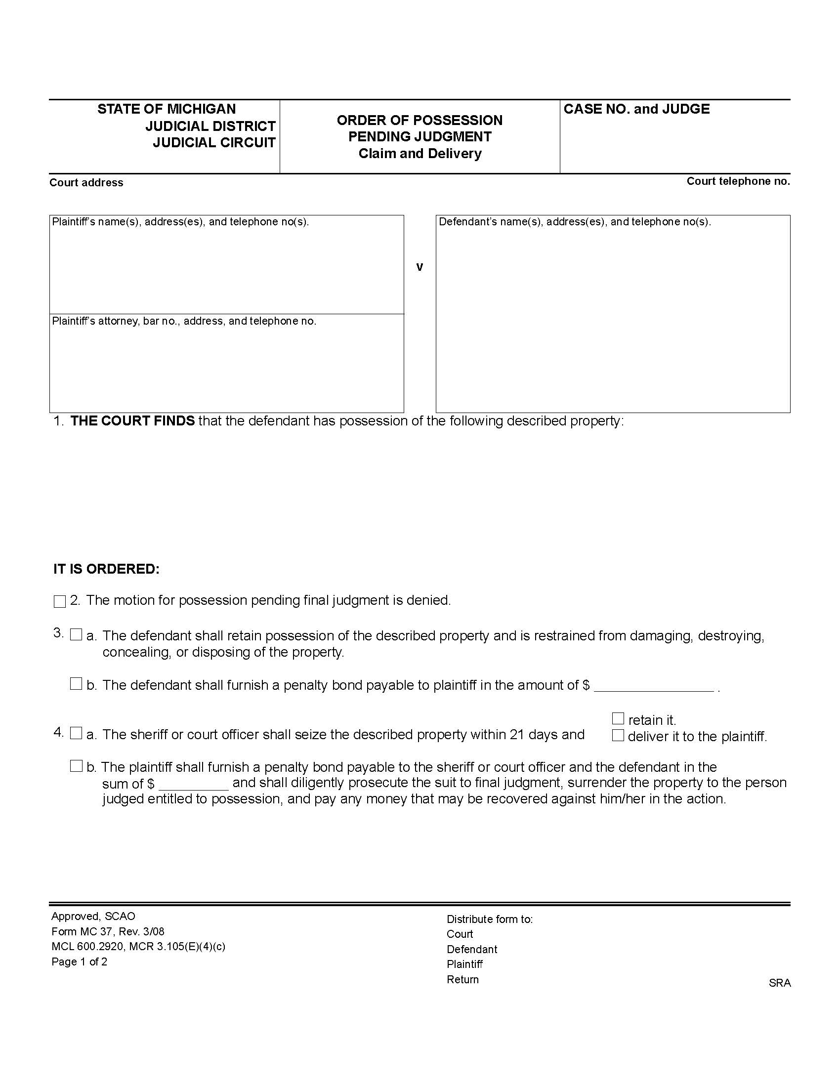 Order Of Possession Pending Judgment {MC 37} | Pdf Fpdf Doc Docx | Michigan
