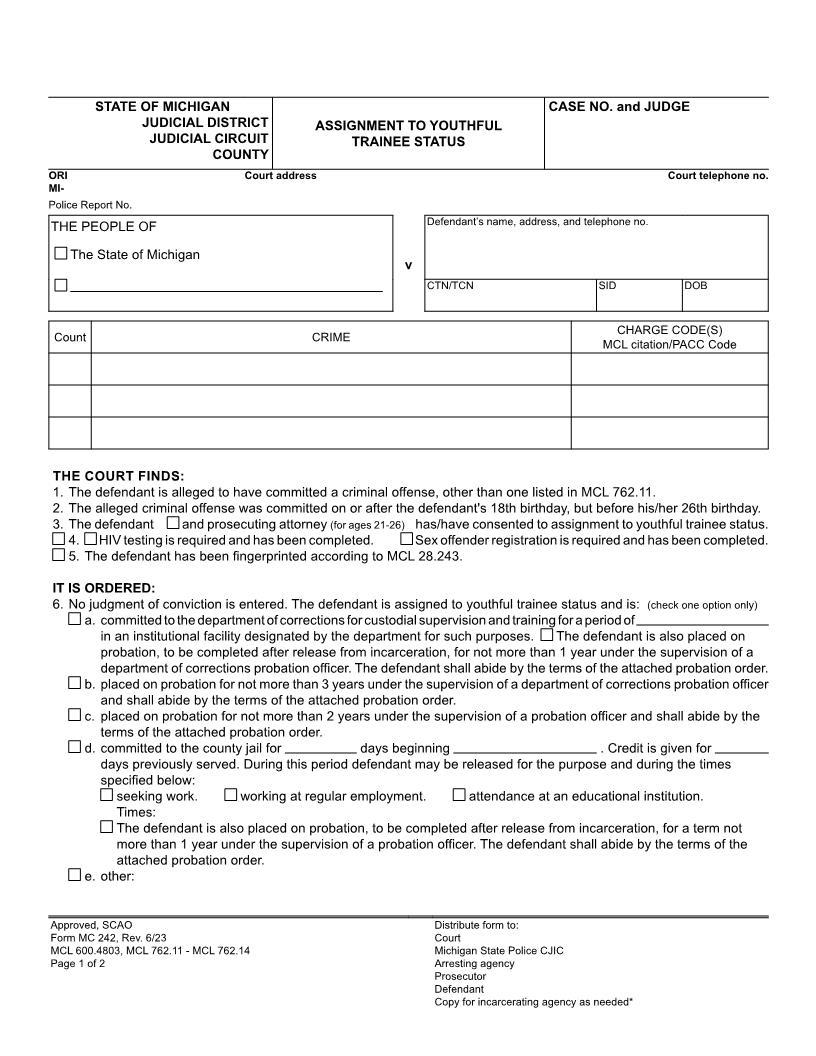 Assignment To Youthful Trainee Status {MC 242} | Pdf Fpdf Docx | Michigan