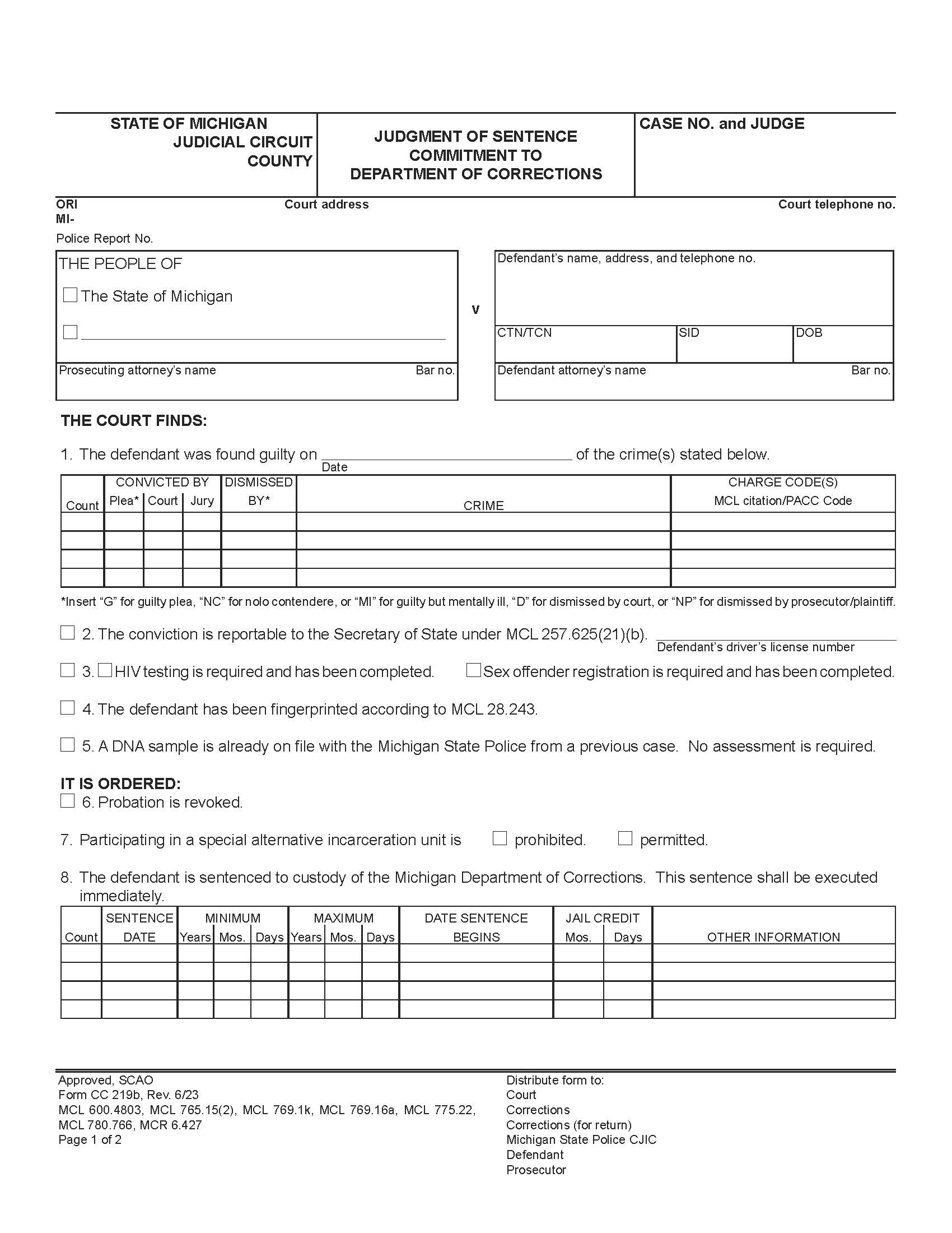 Judgment Of Sentence Commitment To Department Of Corrections {CC 219b} | Pdf Fpdf Doc Docx | Michigan