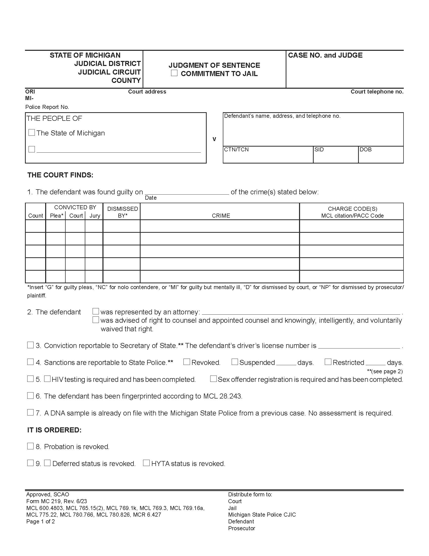 Judgment Of Sentence Commitment To Jail {MC 219} | Pdf Fpdf Docx | Michigan