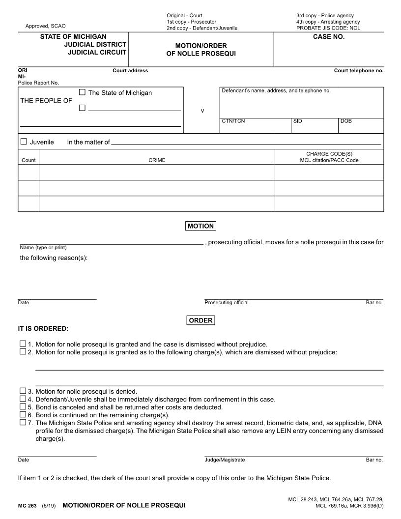 Motion And Order Of Nolle Prosequi {MC 263} | Pdf Fpdf Doc Docx | Michigan