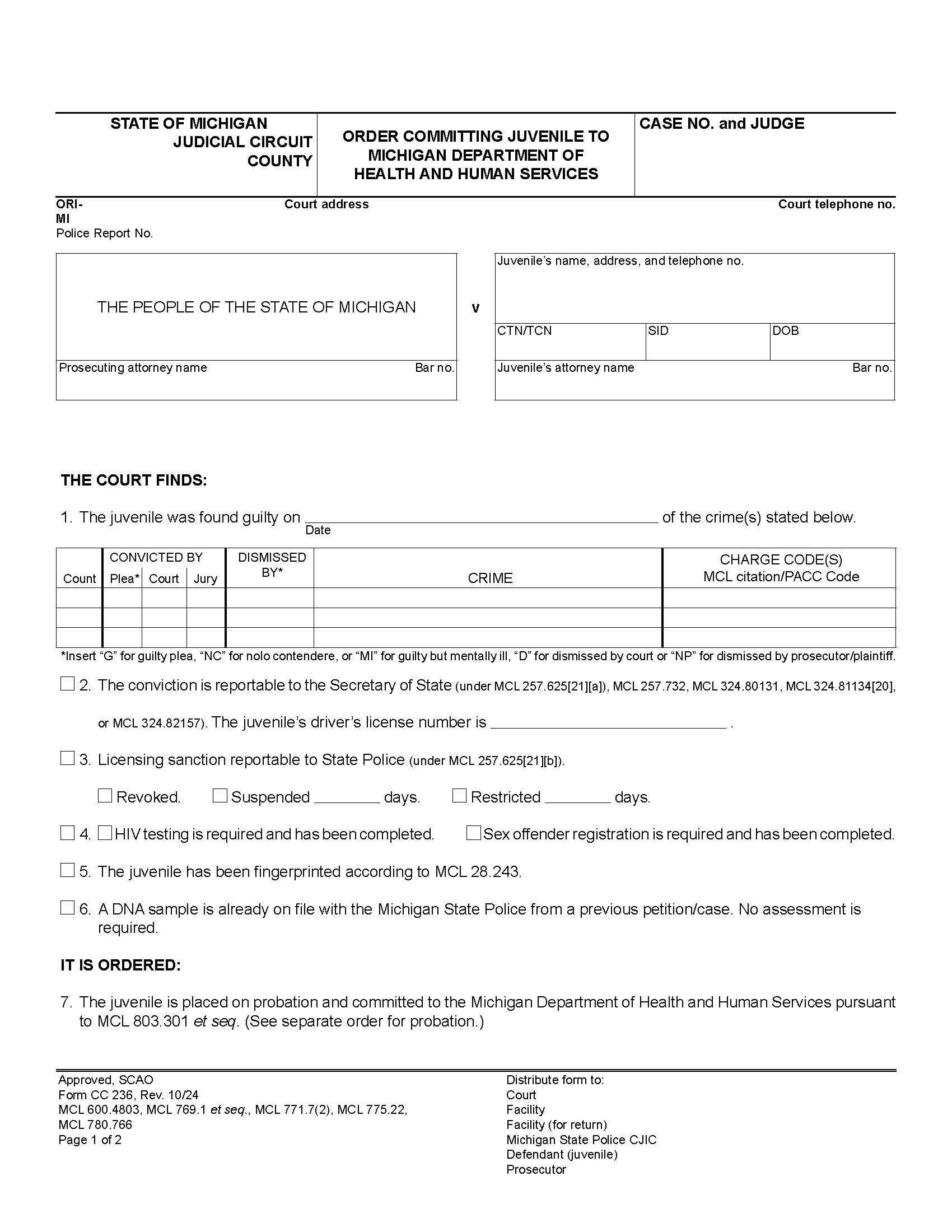 Order Committing Juvenile To MDHHS {CC 236} | Pdf Fpdf Doc Docx | Michigan