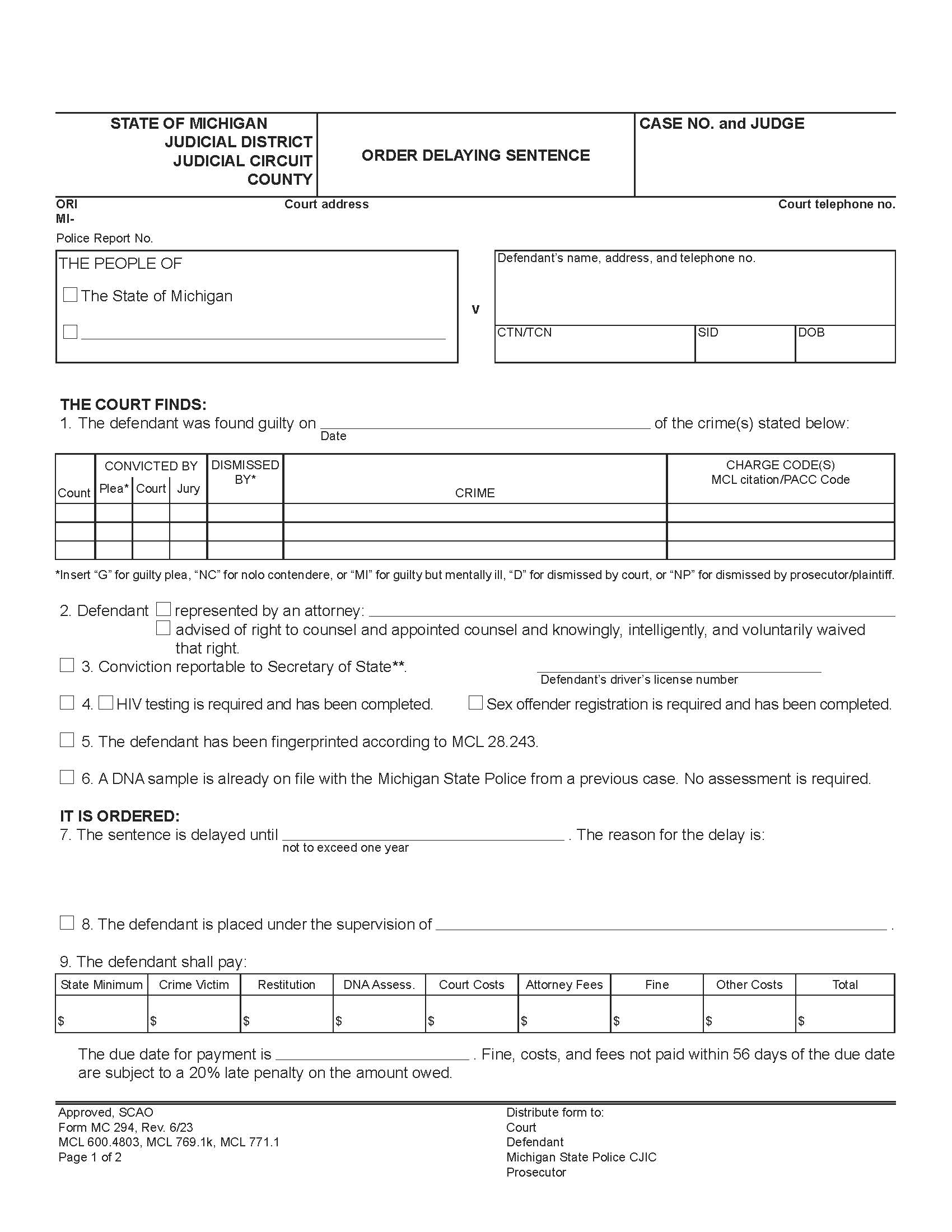 Order Delaying Sentence {MC 294} | Pdf Fpdf Docx | Michigan