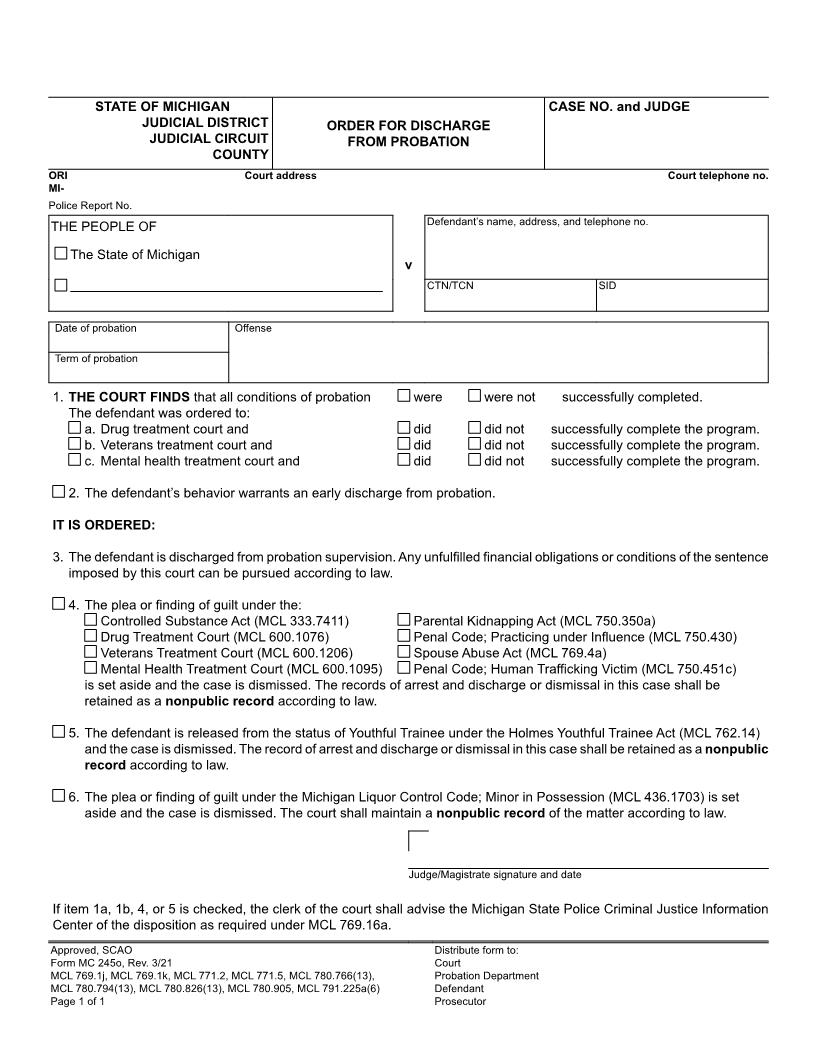 Order For Discharge From Probation {MC 245o} | Pdf Fpdf Docx | Michigan