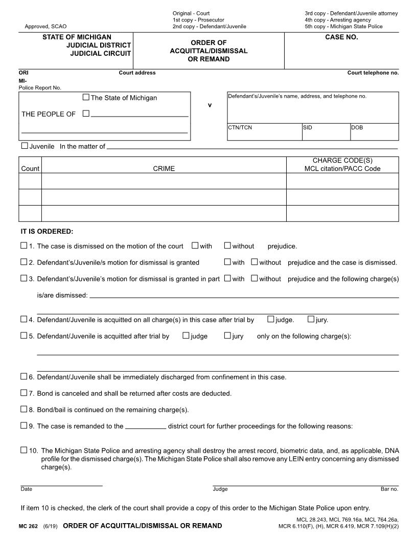 Order Of Acquittal Or Dismissal Or Remand {MC 262} | Pdf Fpdf Doc Docx | Michigan