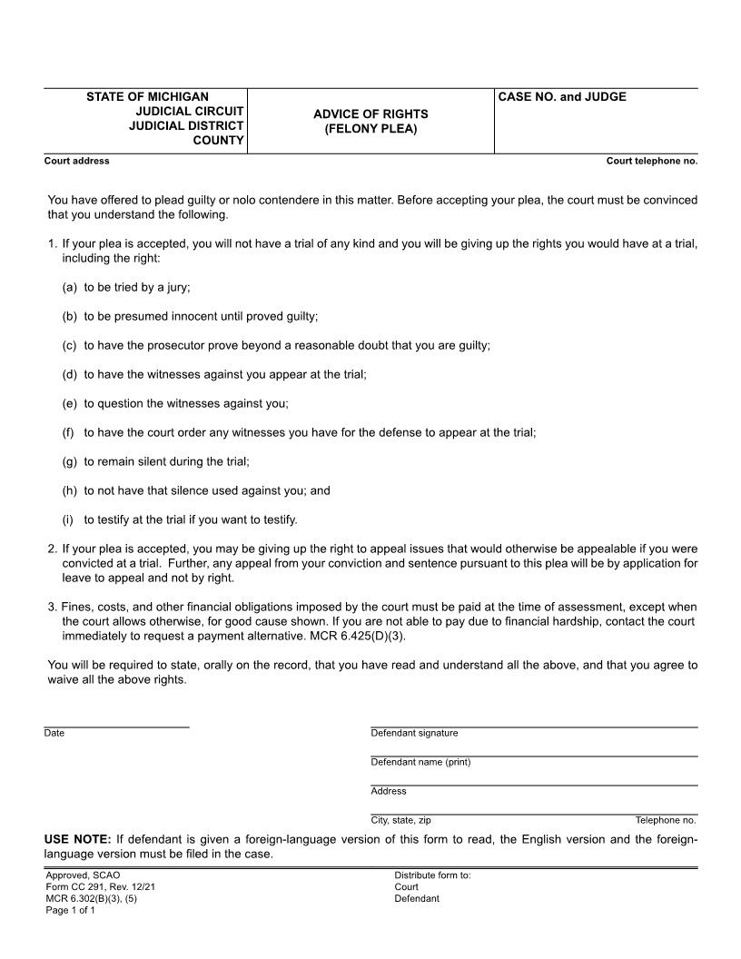 Advice Of Rights (Circuit Court Plea) {CC 291} | Pdf Fpdf Docx | Michigan