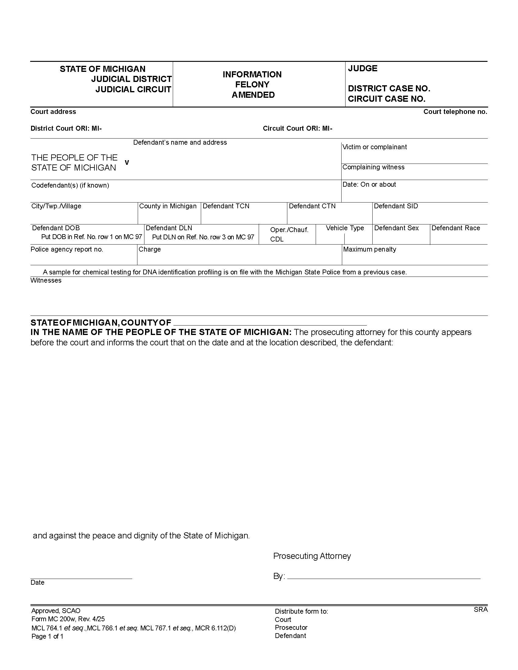 Information Felony {MC 200w} | Pdf Fpdf Docx | Michigan