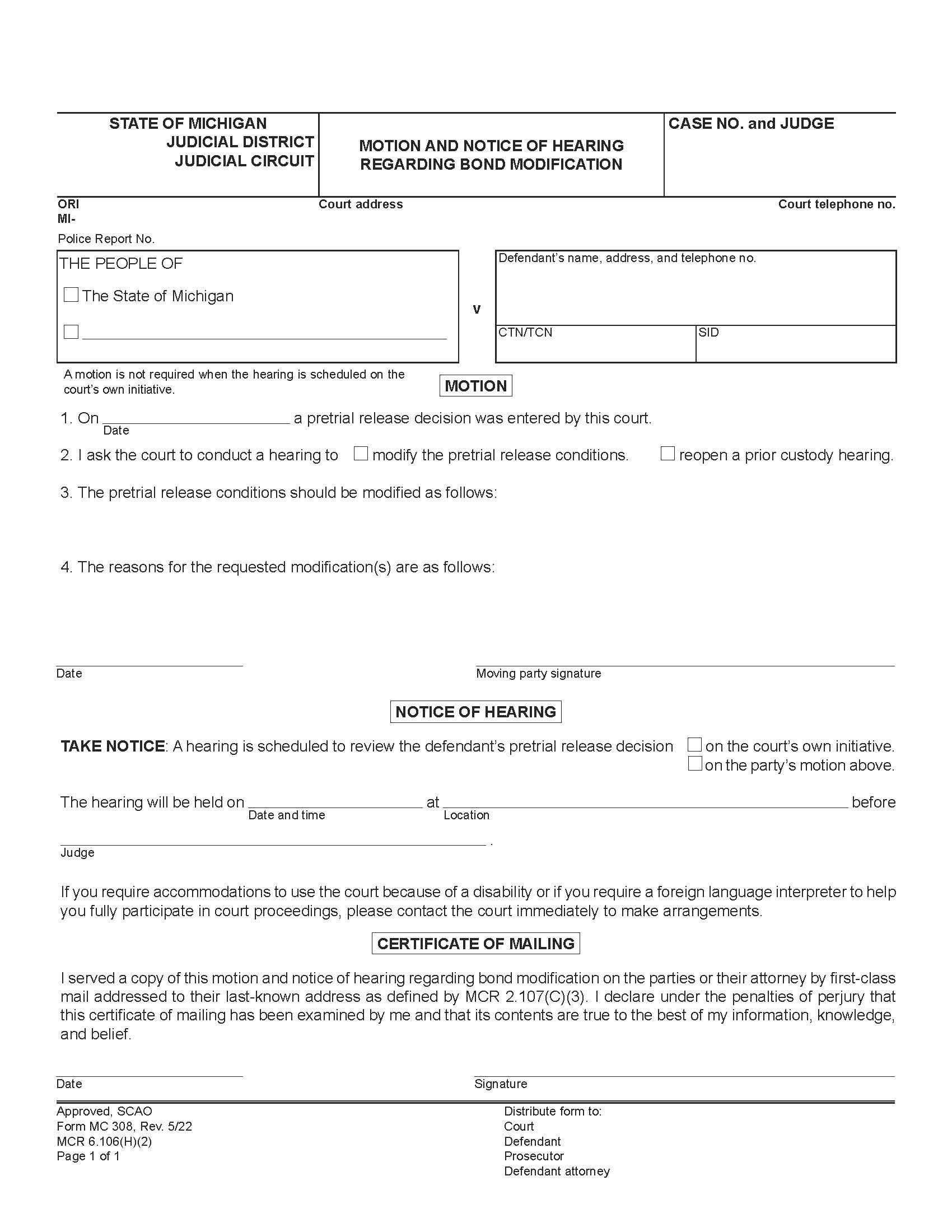 Motion And Notice Of Hearing Regarding Bond Modification {MC 308} | Pdf Fpdf Docx | Michigan