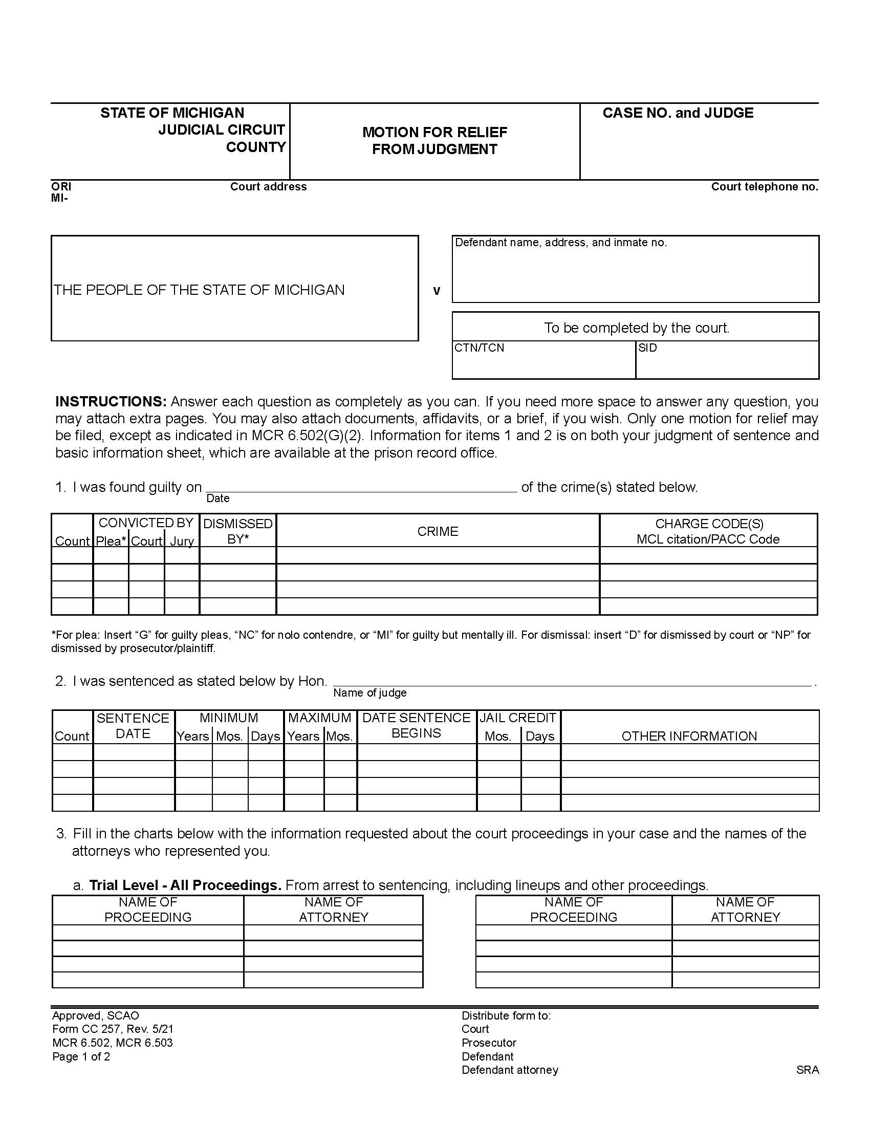 Motion For Relief From Judgment {CC 257} | Pdf Fpdf Doc Docx | Michigan