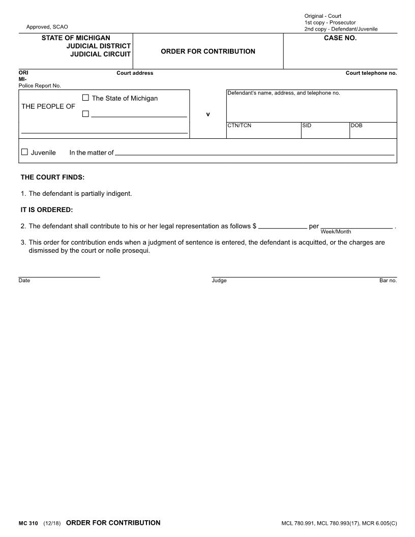 Order For Contribution {MC 310} | Pdf Fpdf Docx | Michigan