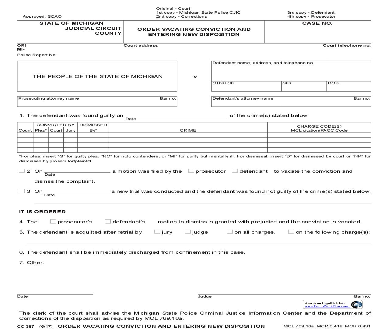 Order Vacating Conviction And Entering New Disposition {CC 387}  | Pdf Fpdf Doc Docx | Michigan