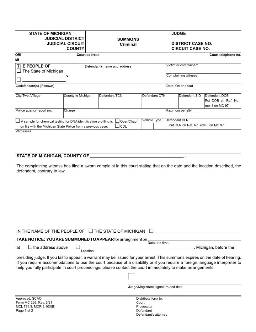 Summons {MC 256} | Pdf Fpdf Docx | Michigan