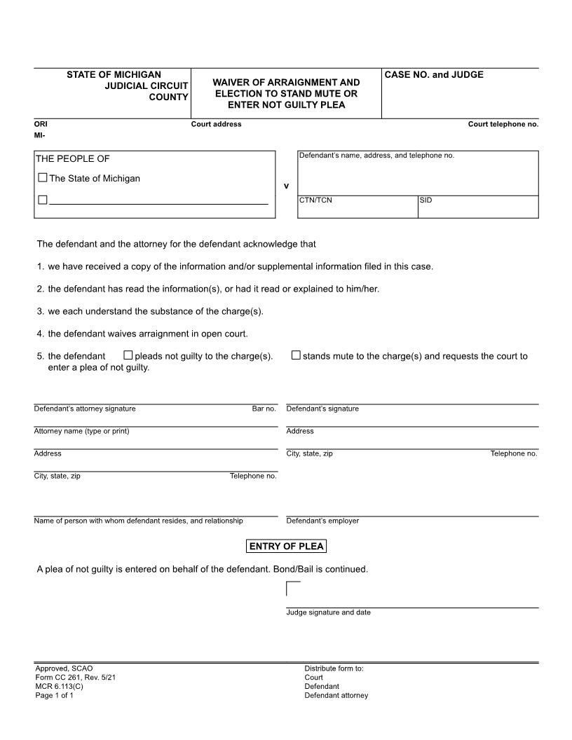 Waiver Of Arraignment And Election To Stand Mute Or Enter Not Guilty Plea {CC 261} | Pdf Fpdf Doc Docx | Michigan