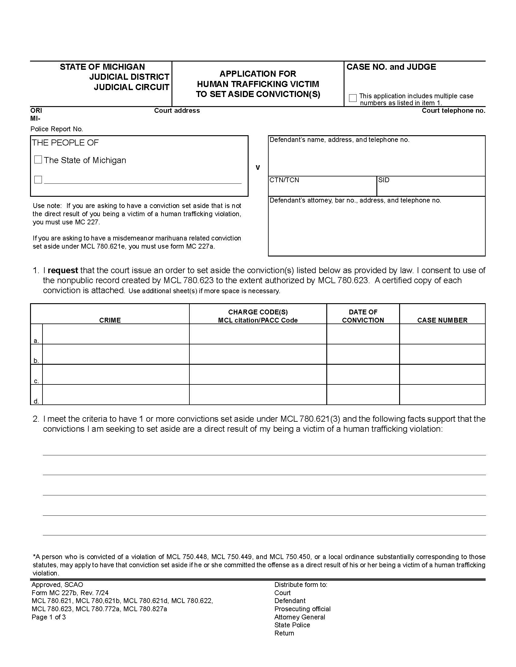 Application For Human Trafficking Victim To Set Aside Convictions(s) {MC 227b} | Pdf Fpdf Docx | Michigan