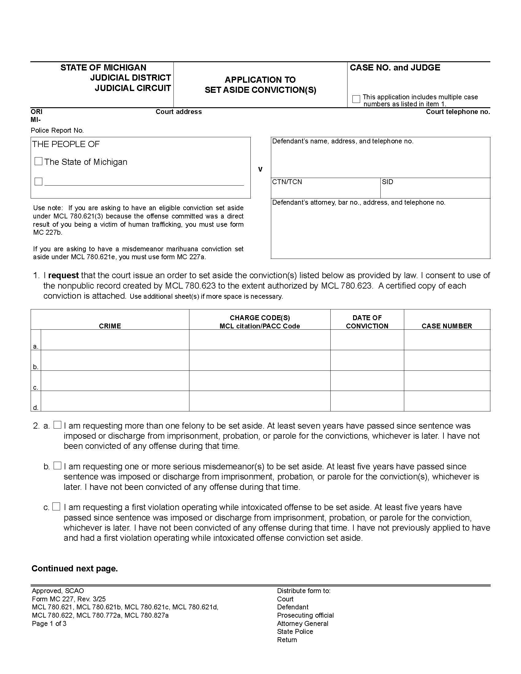 Application To Set Aside Conviction {MC 227} | Pdf Fpdf Docx | Michigan