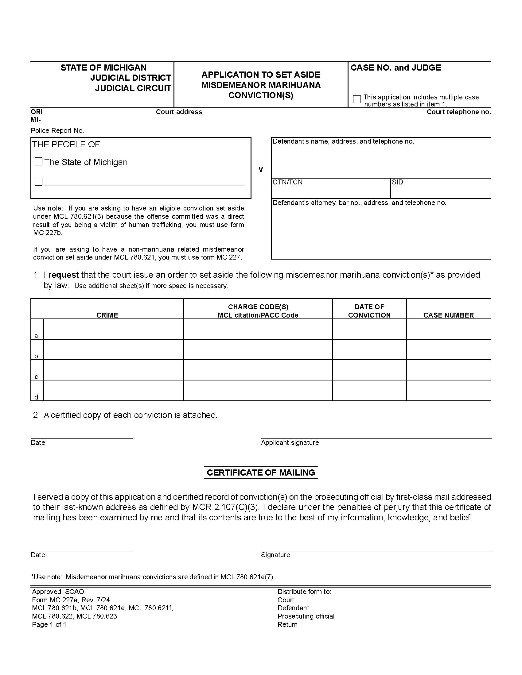 Application To Set Aside Misdemeanor Marihuana Conviction(s) {MC 227a} | Pdf Fpdf Docx | Michigan