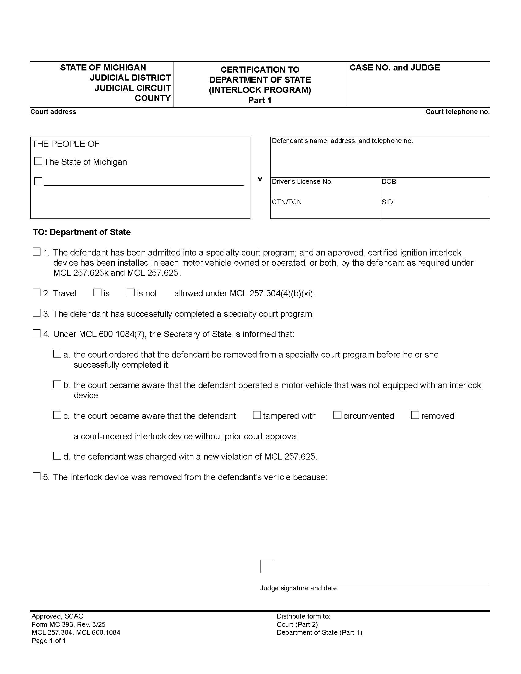 Certification To Department Of State (Interlock Program) {MC 393} | Pdf Fpdf Docx | Michigan