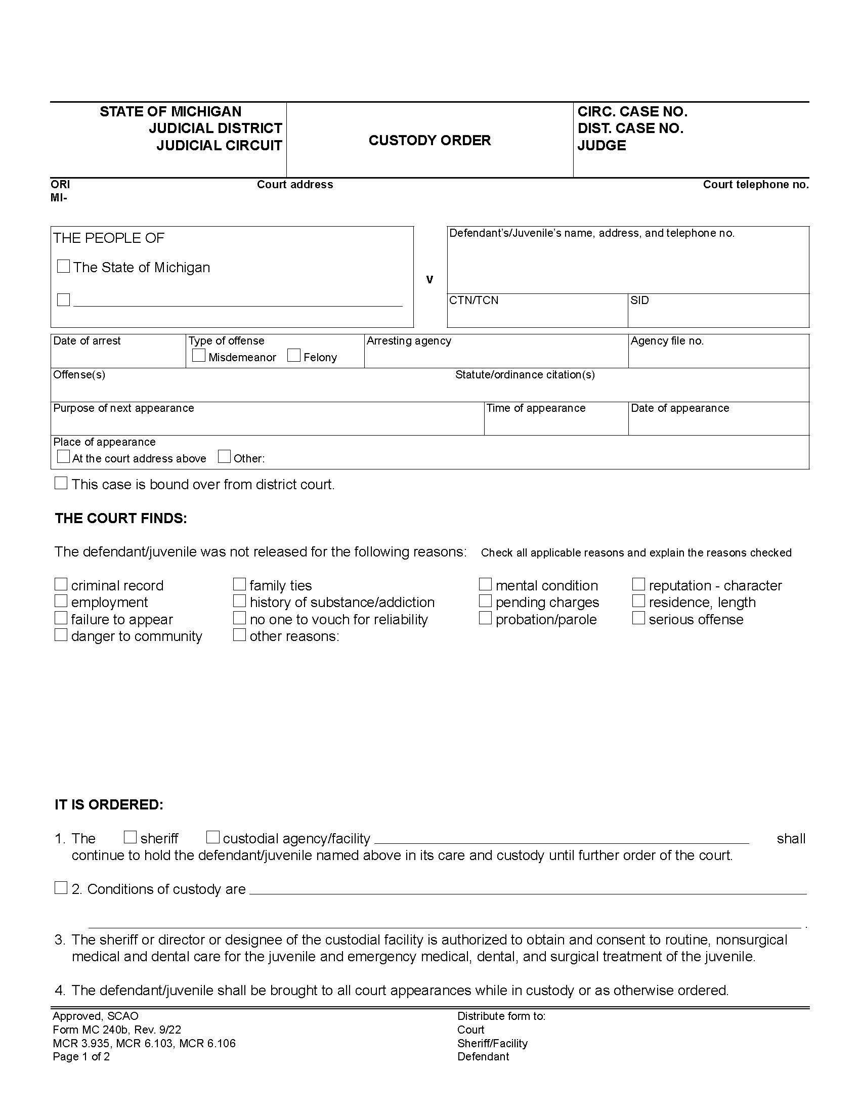 Custody Order {MC 240b} | Pdf Fpdf Docx | Michigan