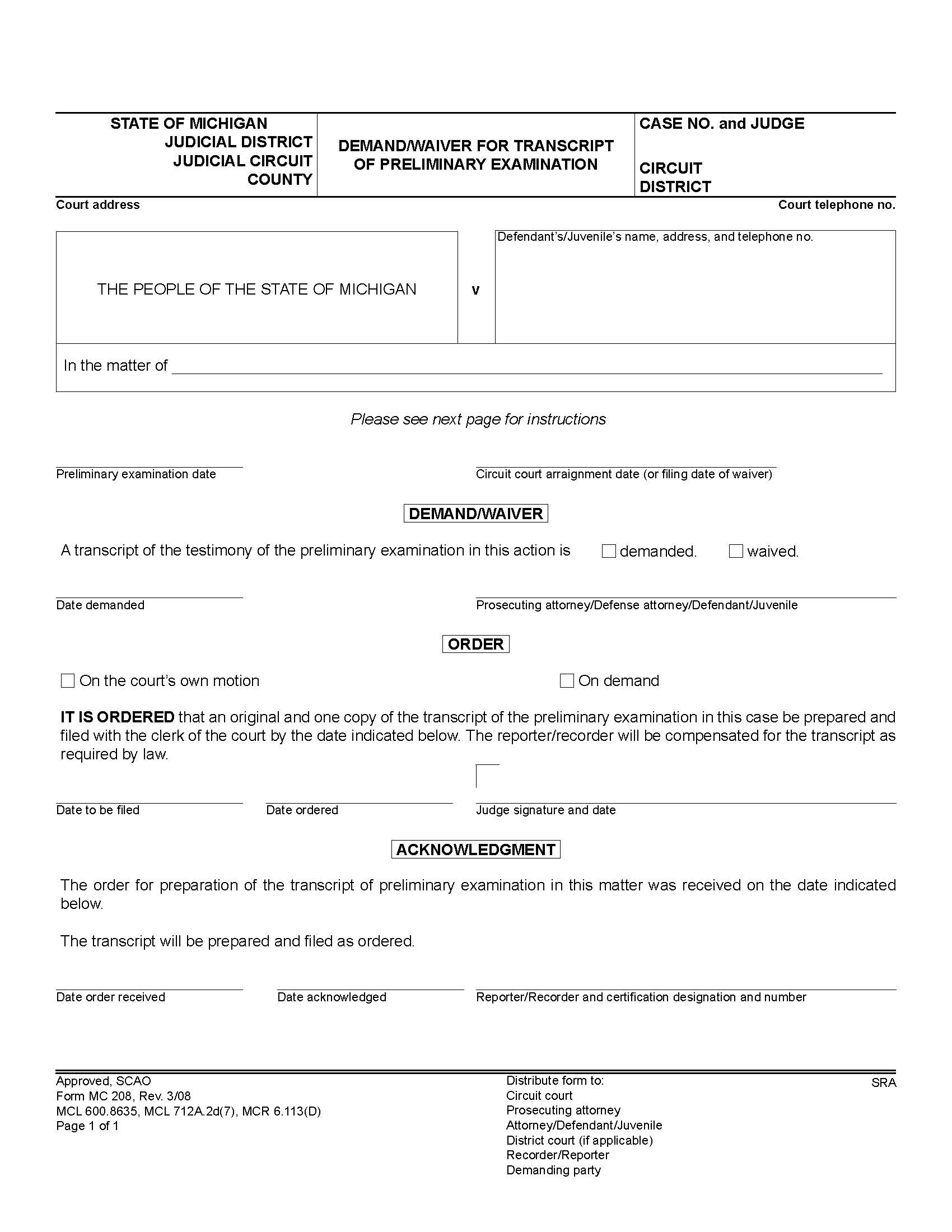 Demand Or Waiver For Transcript Of Preliminary Examination {MC 208} | Pdf Fpdf Doc Docx | Michigan