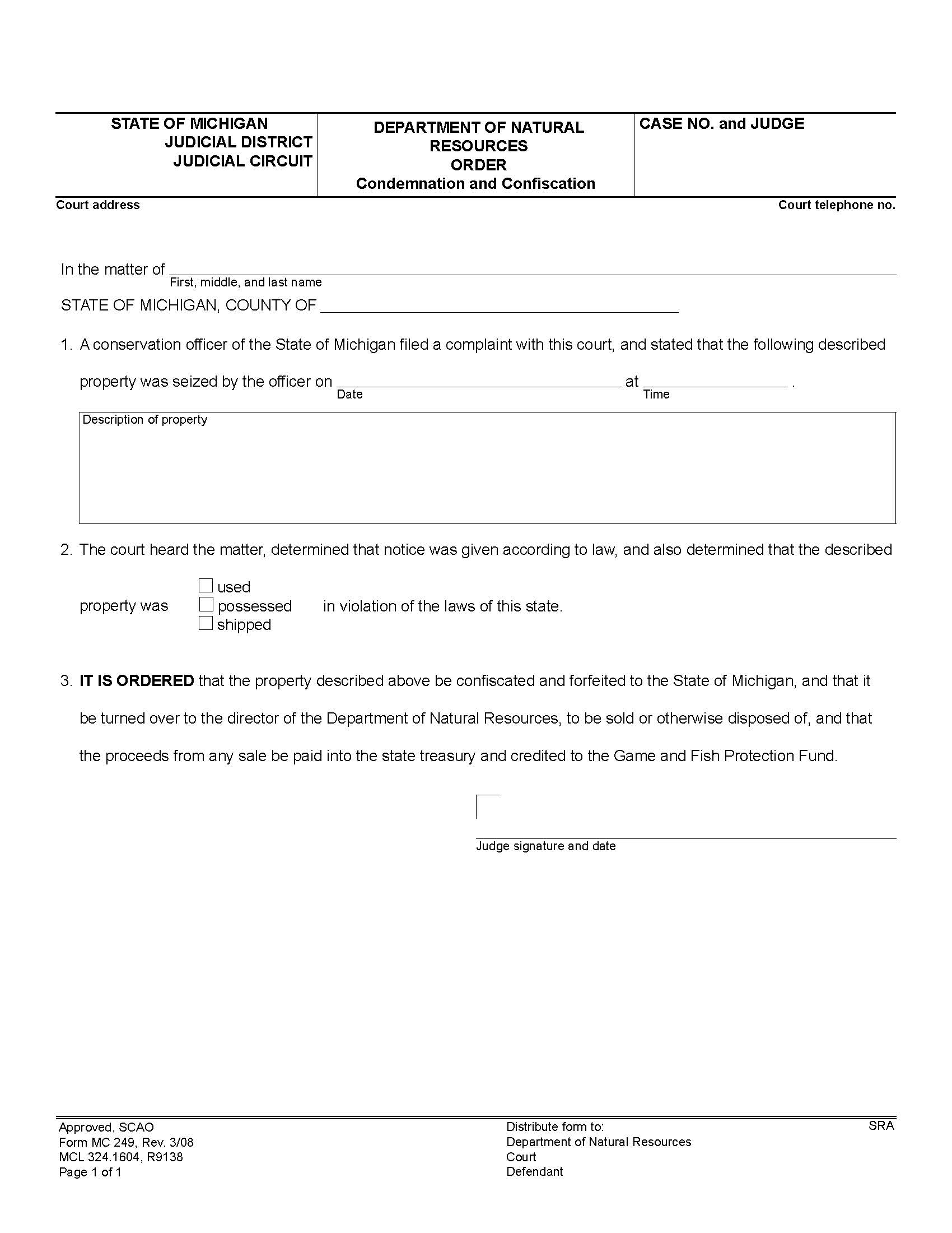 Department Of Natural Resources Order (Condemnation And Confiscation) {MC 249} | Pdf Fpdf Doc Docx | Michigan