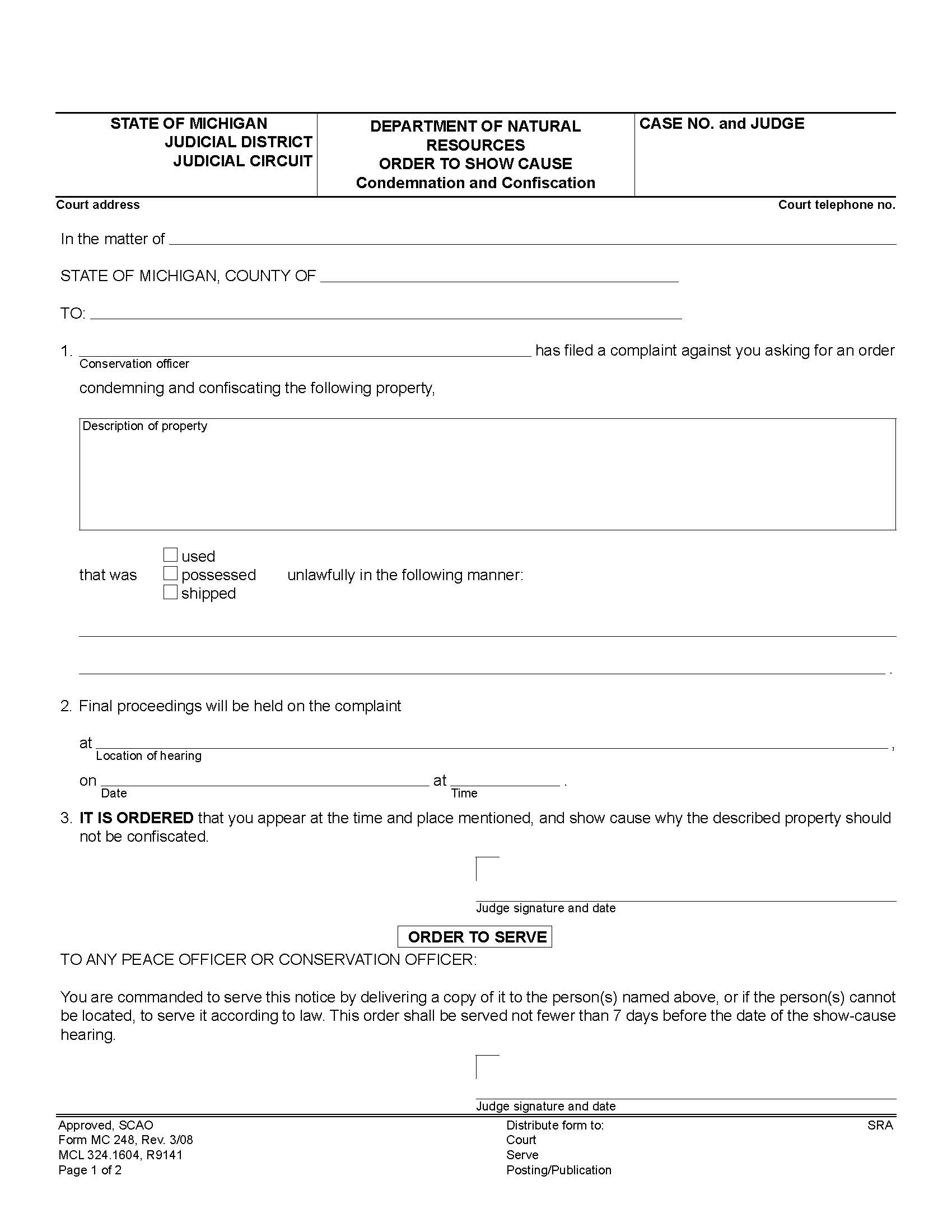 Department Of Natural Resources Order To Show Cause (Condemnation And Confiscation) {MC 248} | Pdf Fpdf Doc Docx | Michigan