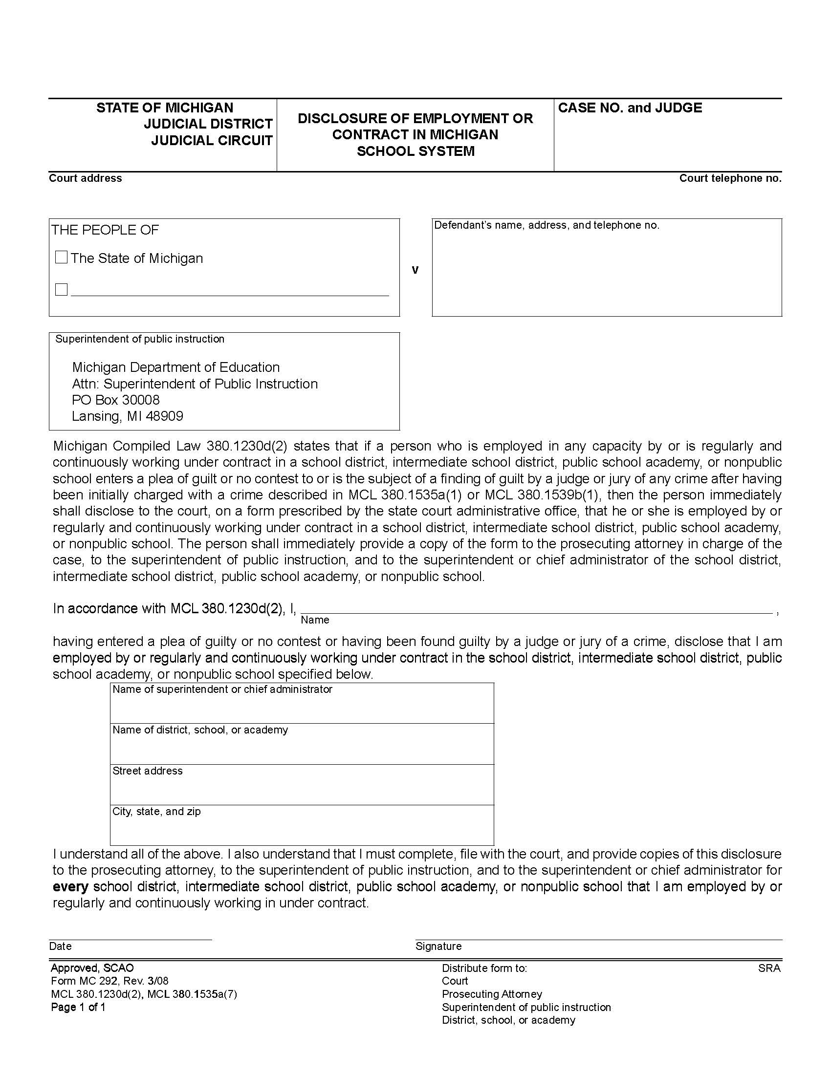 Disclosure Of Employment Or Contract In Michigan School System {MC 292} | Pdf Fpdf Doc Docx | Michigan