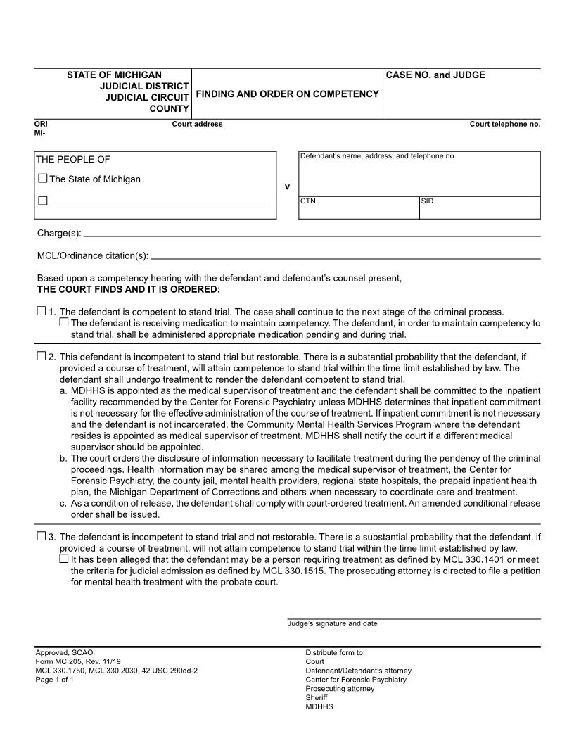 Finding And Order On Competency {MC 205} | Pdf Fpdf Docx | Michigan