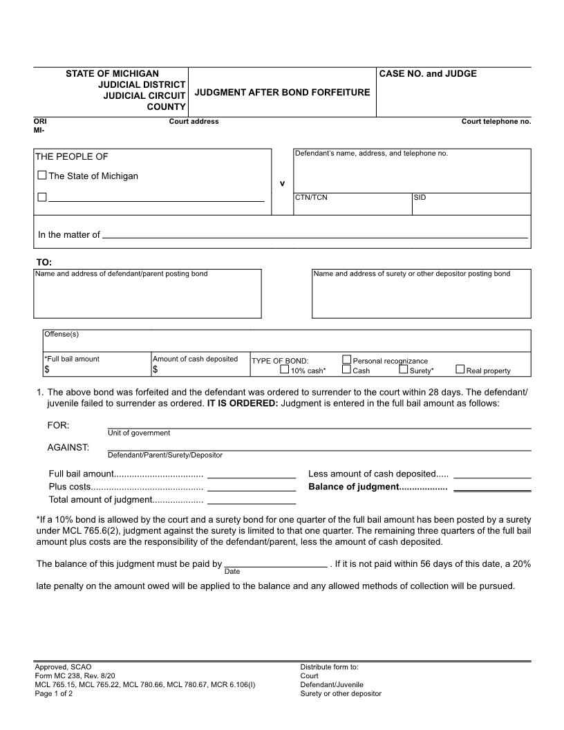 Judgment After Bond Forfeiture {MC 238} | Pdf Fpdf Doc Docx | Michigan