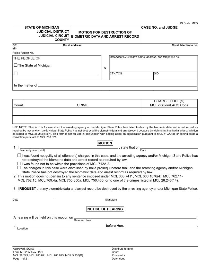 Motion And Order For Return Of Fingerprints And Arrest Card And Description {MC 235} | Pdf Fpdf Docx | Michigan