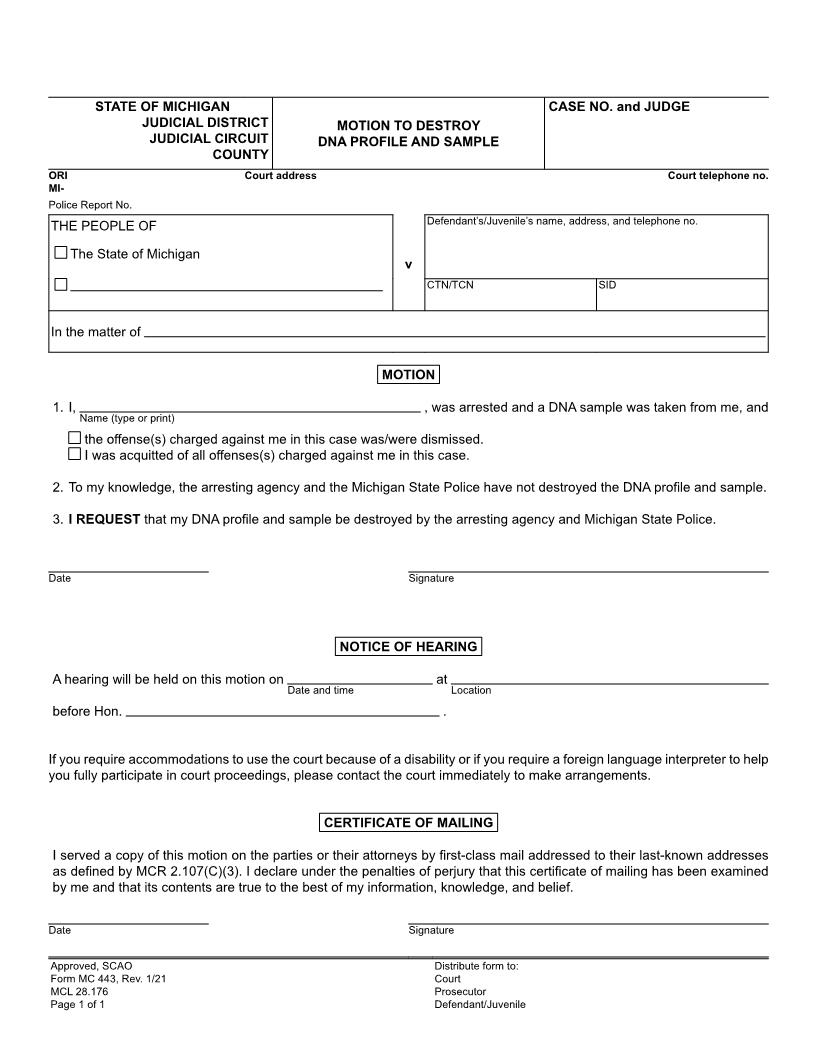 Motion To Destroy DNA Profile And Sample {MC 443} | Pdf Fpdf Doc Docx | Michigan