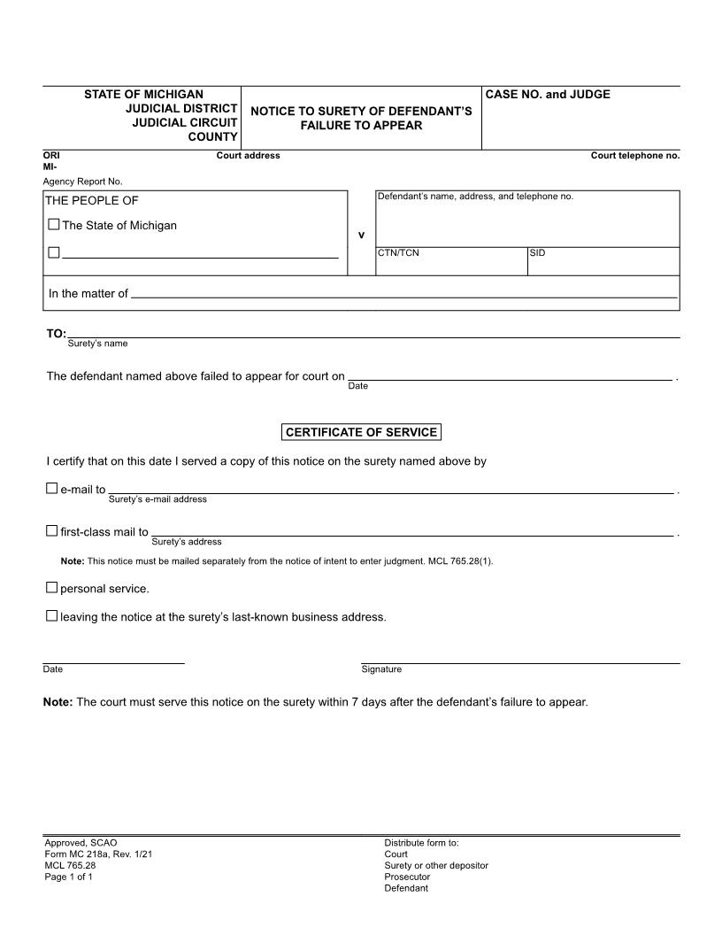Notice To Surety Of Defendants Failure To Appear {MC 218a} | Pdf Fpdf Docx | Michigan