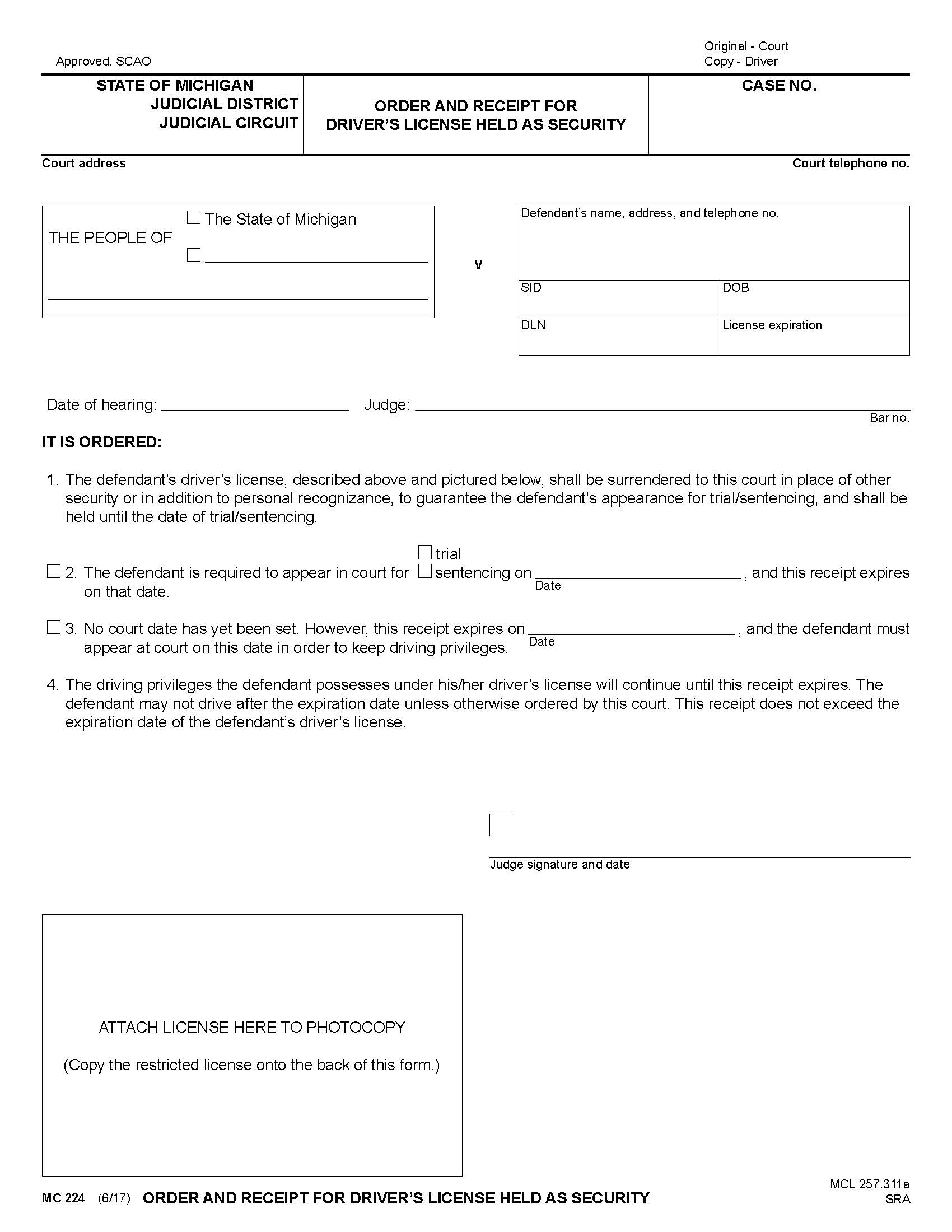 Order And Receipt For Drivers License Held As Security {MC 224} | Pdf Fpdf Doc Docx | Michigan