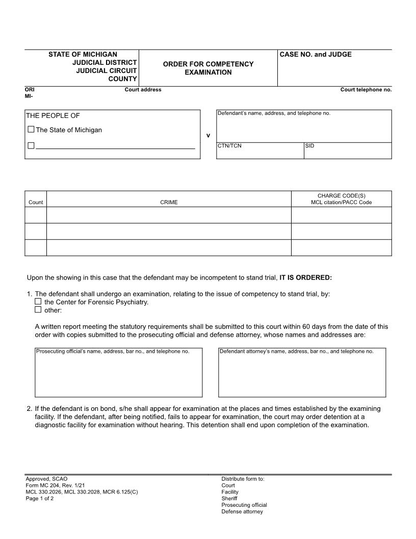 Order For Competency Examination {MC 204} | Pdf Fpdf Doc Docx | Michigan