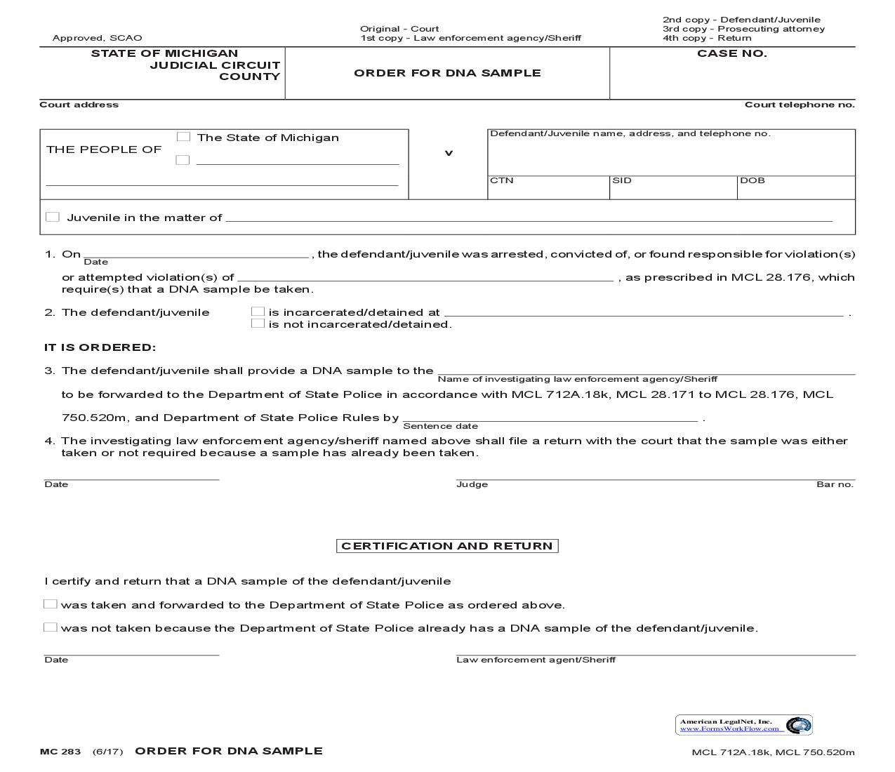 Order For DNA Sample {MC 283} | Pdf Fpdf Doc Docx | Michigan