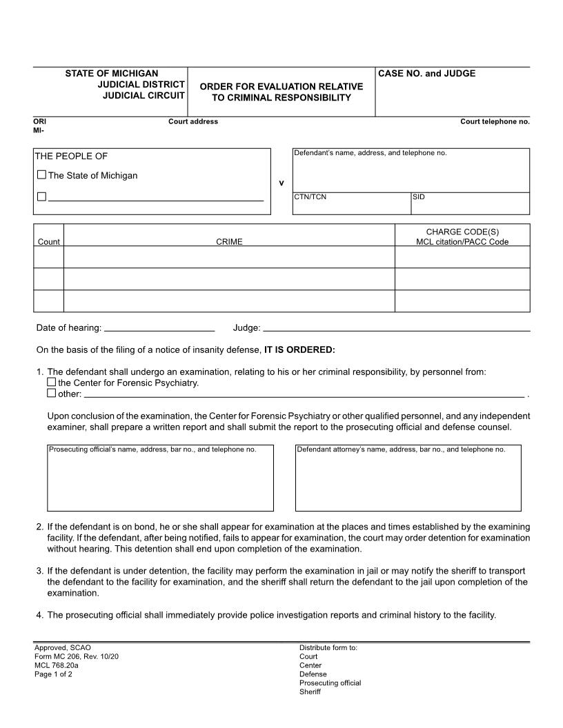 Order For Evaluation Relative To Criminal Responsibility {MC 206} | Pdf Fpdf Doc Docx | Michigan
