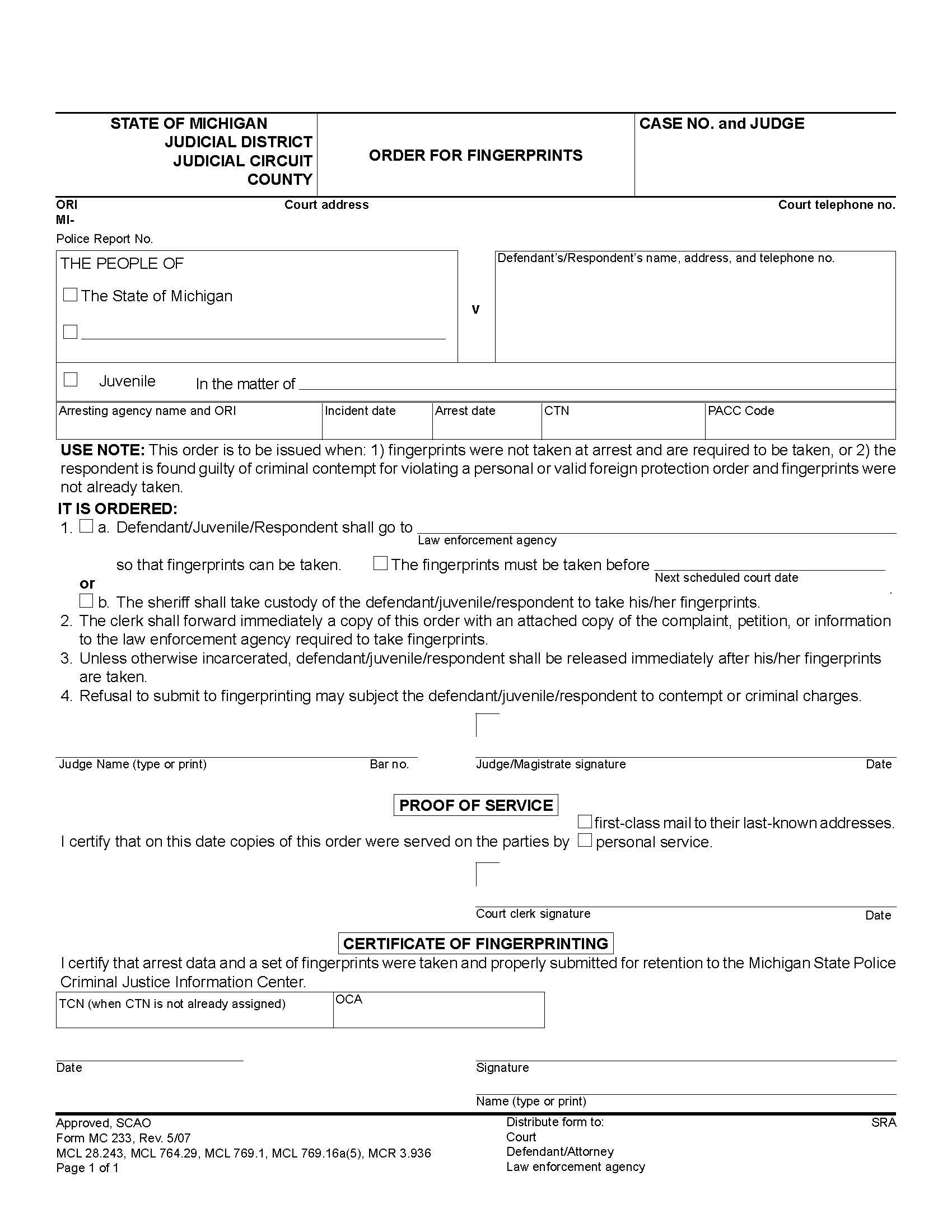 Order For Fingerprints {MC 233} | Pdf Fpdf Doc Docx | Michigan