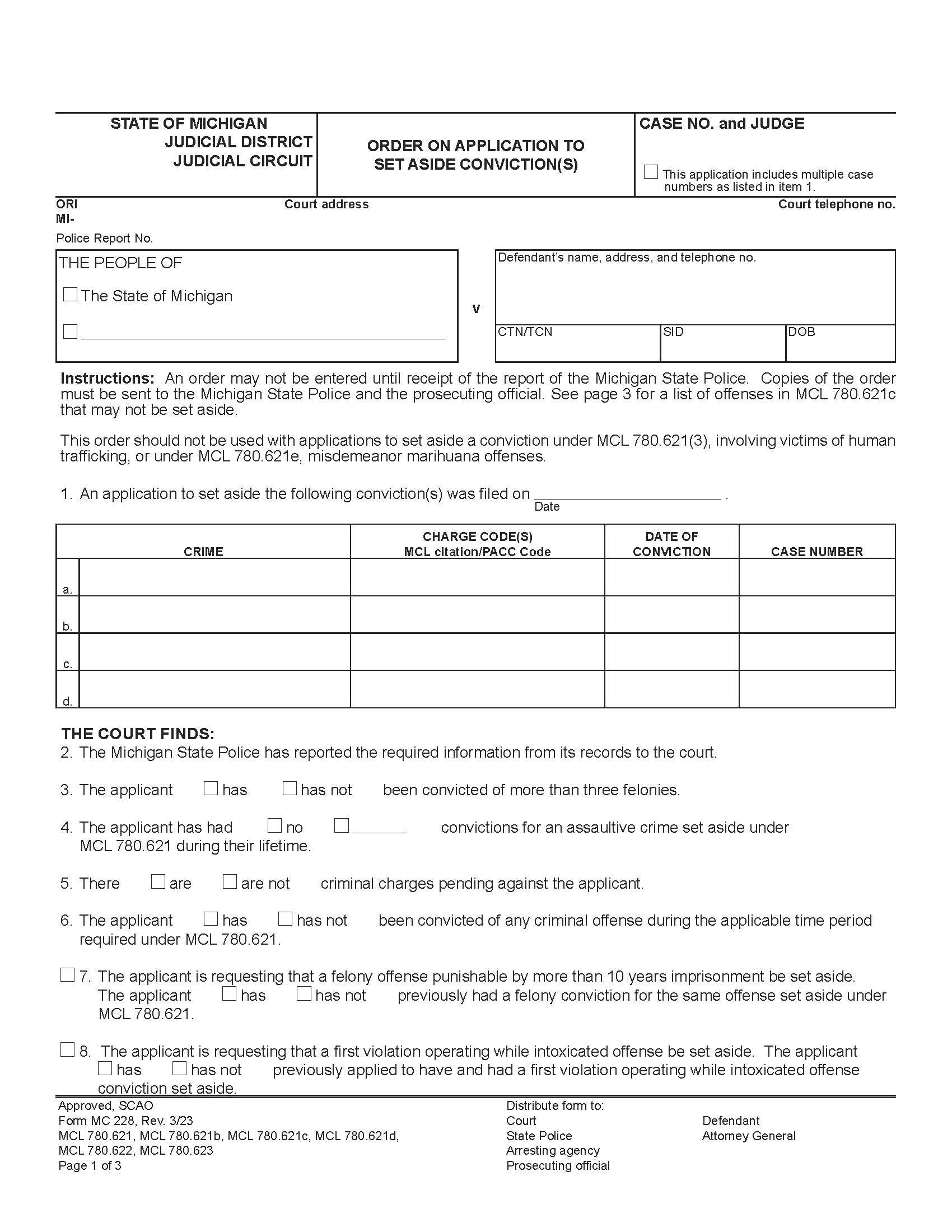 Order On Application To Set Aside Conviction {MC 228} | Pdf Fpdf Doc Docx | Michigan