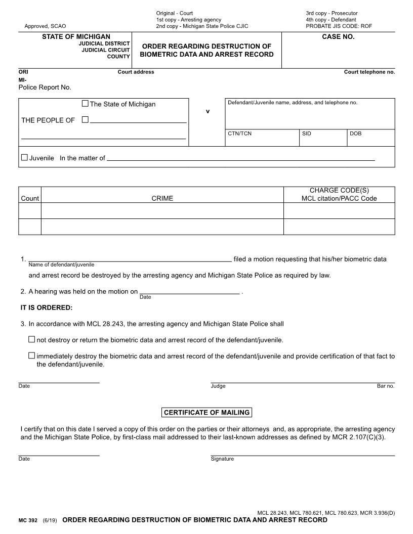 Order Regarding Destruction Of Fingerprints And Arrest Card {MC-392} | Pdf Fpdf Doc Docx | Michigan