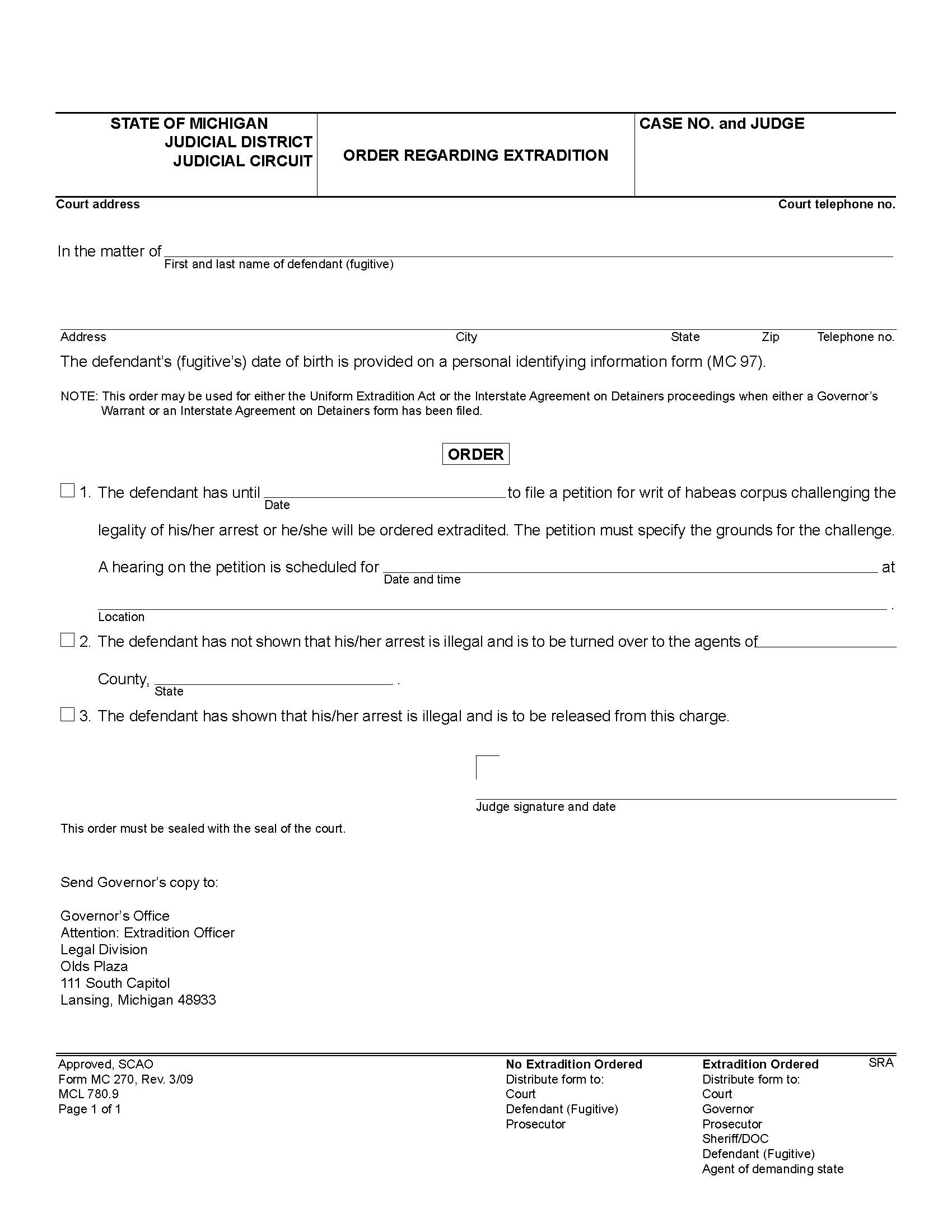 Order Regarding Extradition {MC 270} | Pdf Fpdf Doc Docx | Michigan