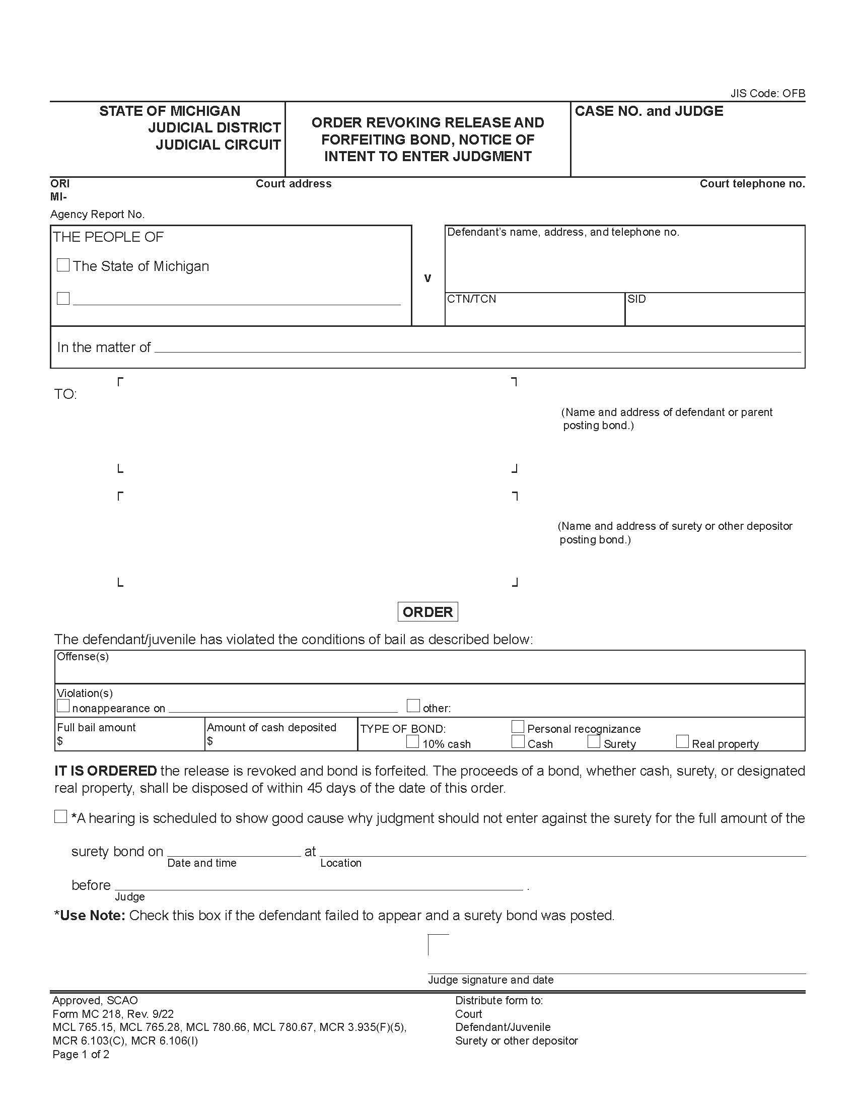 Order Revoking Release And Forfeiting Bond {MC 218} | Pdf Fpdf Docx | Michigan