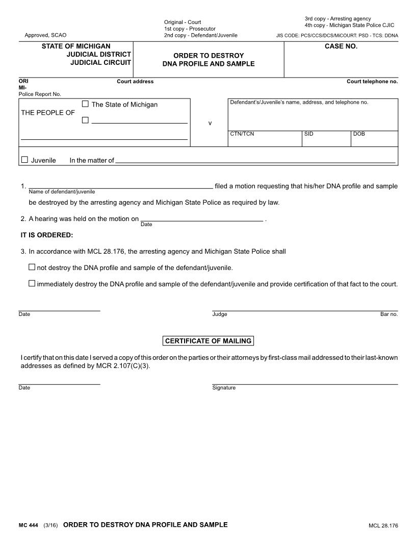 Order To Destroy DNA Profile And Sample {MC 444} | Pdf Fpdf Docx | Michigan