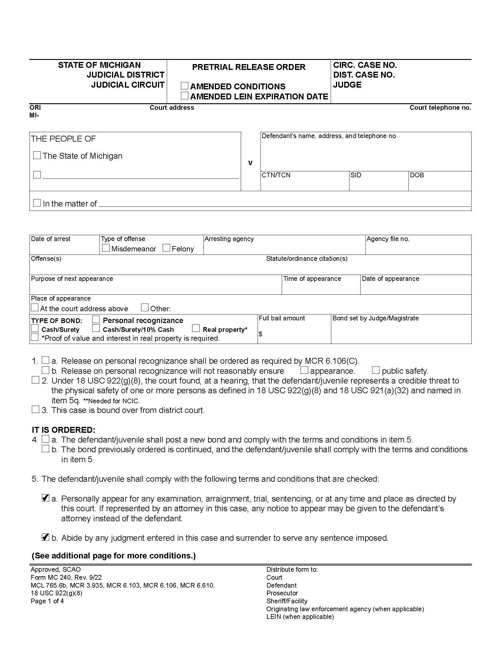 Pretrial Release Order {MC 240} | Pdf Fpdf Docx | Michigan