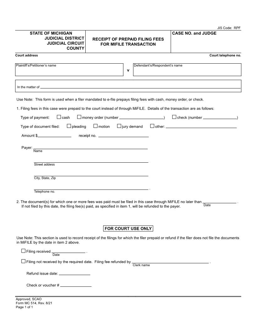 Receipt Of Prepaid Filing Fees For MiFile Transaction {MC 514} | Pdf Fpdf Docx | Michigan