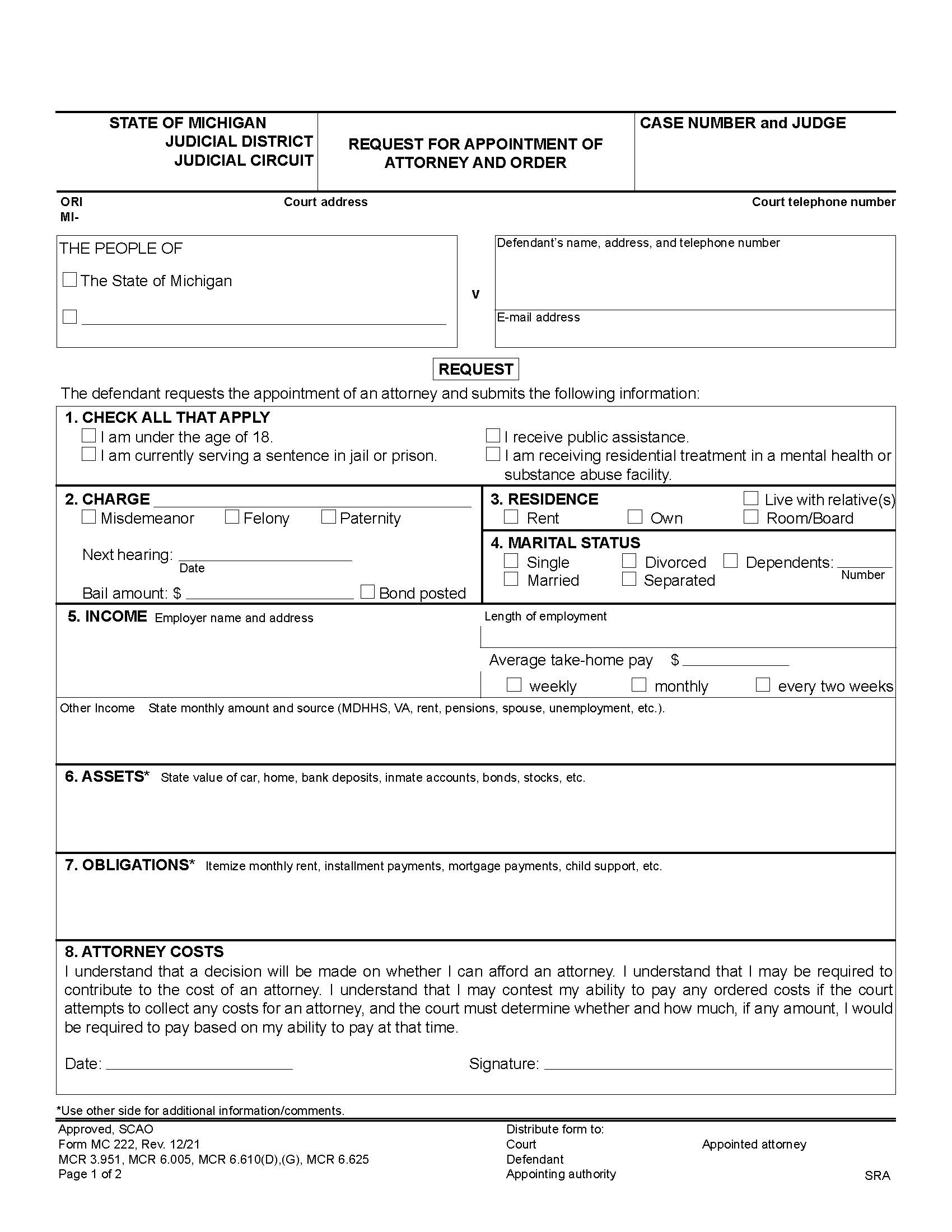 Request For Court Appointed Attorney And Order {MC 222} | Pdf Fpdf Doc Docx | Michigan