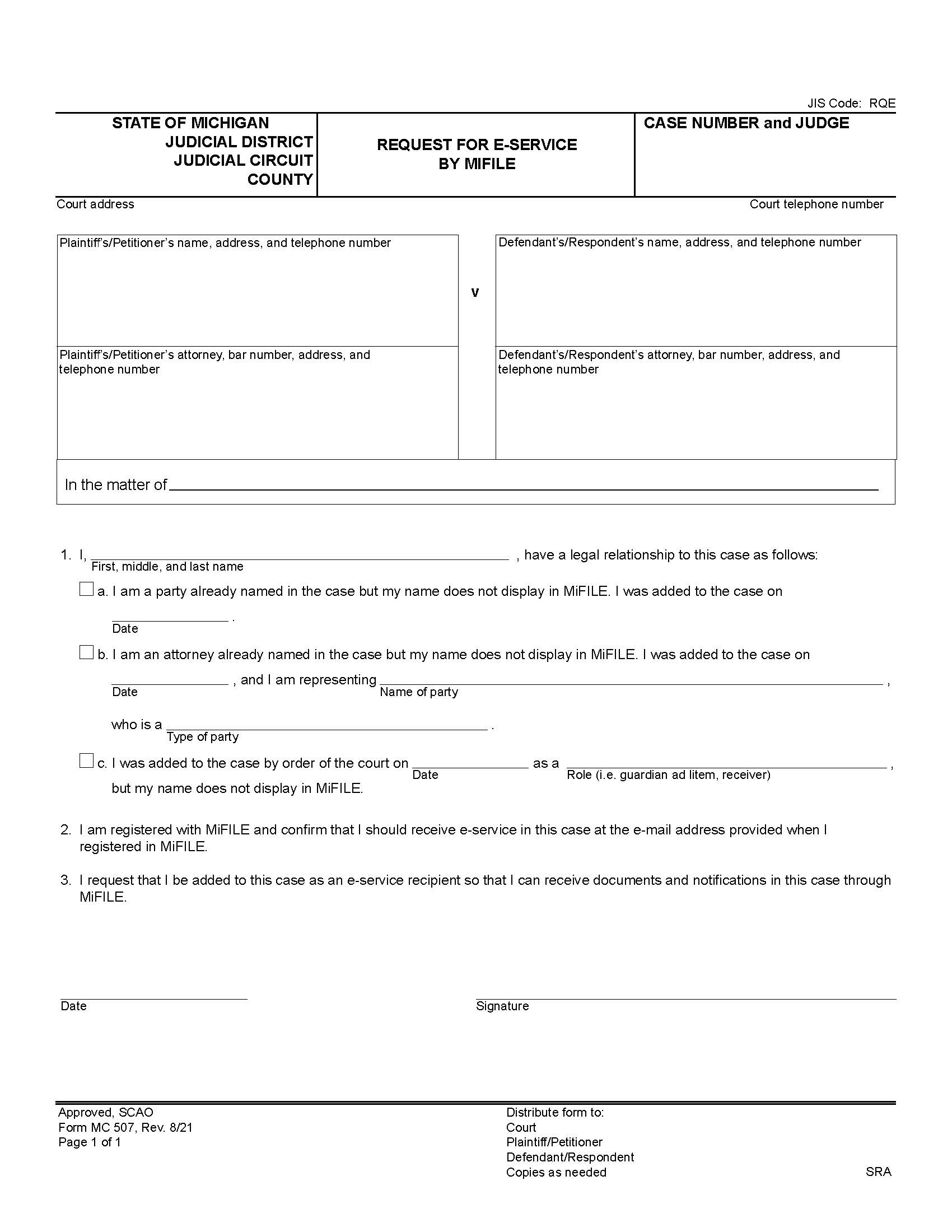 Request For Service By MiFILE {MC 507} | Pdf Fpdf Docx | Michigan