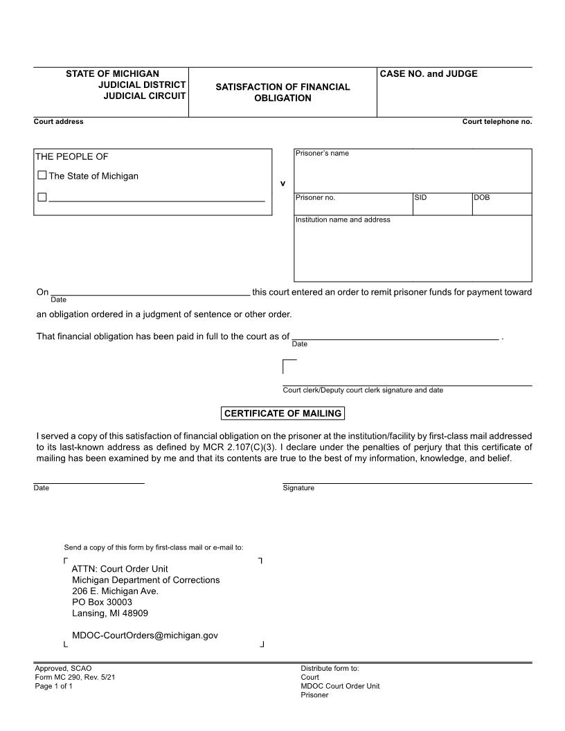 Satisfaction Of Financial Obligation {MC 290} | Pdf Fpdf Docx | Michigan