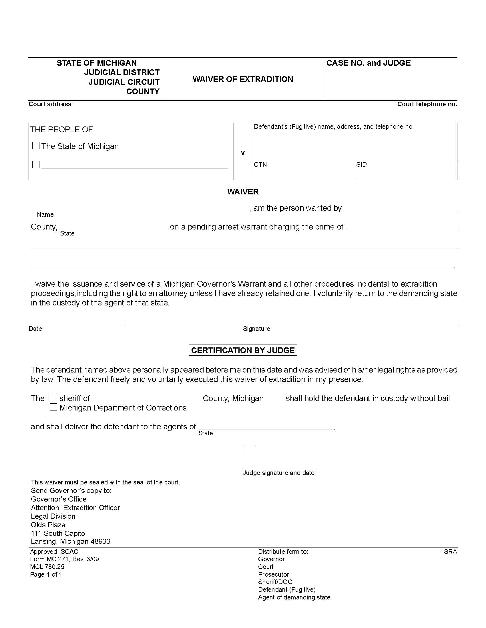 Waiver Of Extradition {MC 271} | Pdf Fpdf Doc Docx | Michigan