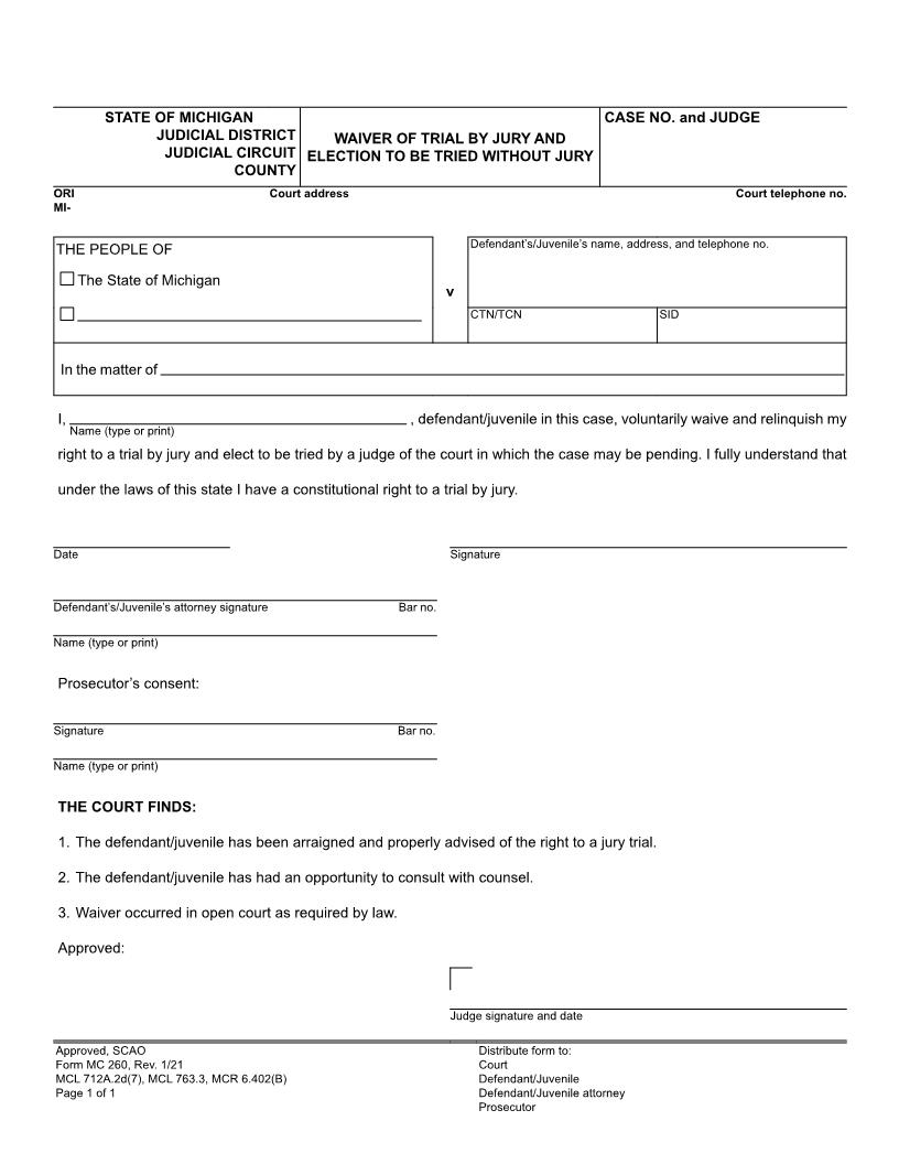 Waiver Of Trial By Jury And Election To Be Tried Without Jury {MC 260} | Pdf Fpdf Doc Docx | Michigan