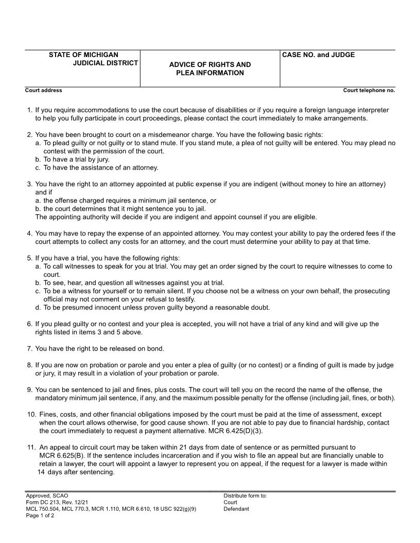 Advice Of Rights (for arrests on or after 10-1-03) {DC 213} | Pdf Fpdf Docx | Michigan